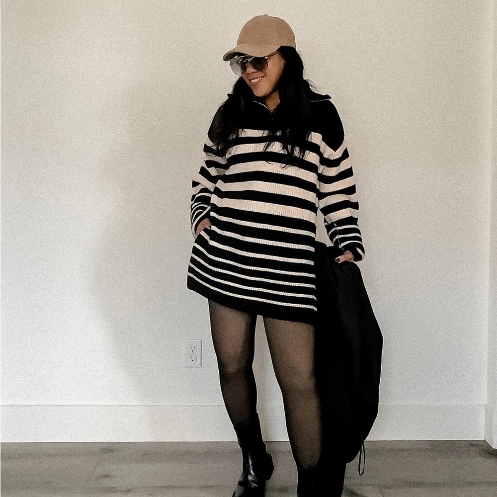Black/Cream Striped Rib Knit Half Zip Sweater - Picture 3 of 9